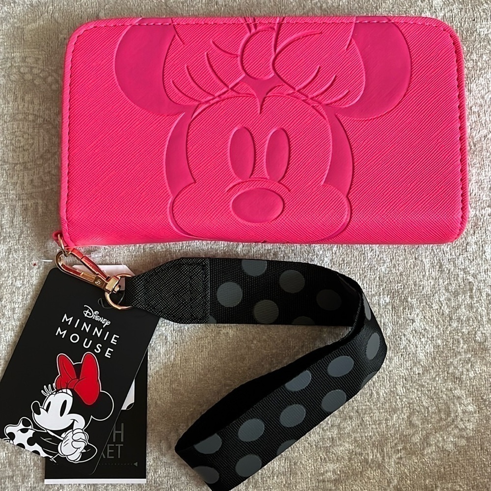 Brand New Disney Minnie Mouse Tech Wallet w/ Wrist Strap Pink Black Wrislet